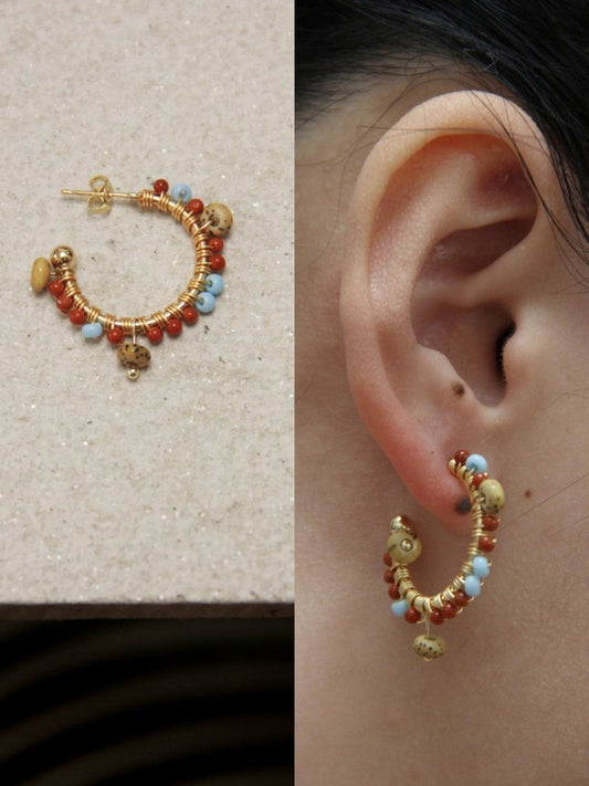 Chinoiserie Natural Red Agate Hoop Earrings