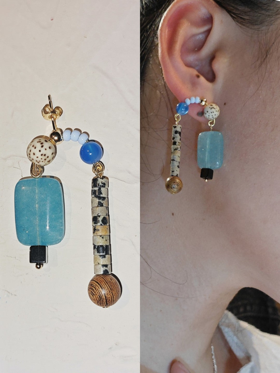 Chinoiserie Natural Sandalwood Asymmetric Blue Earrings,Lumivault.