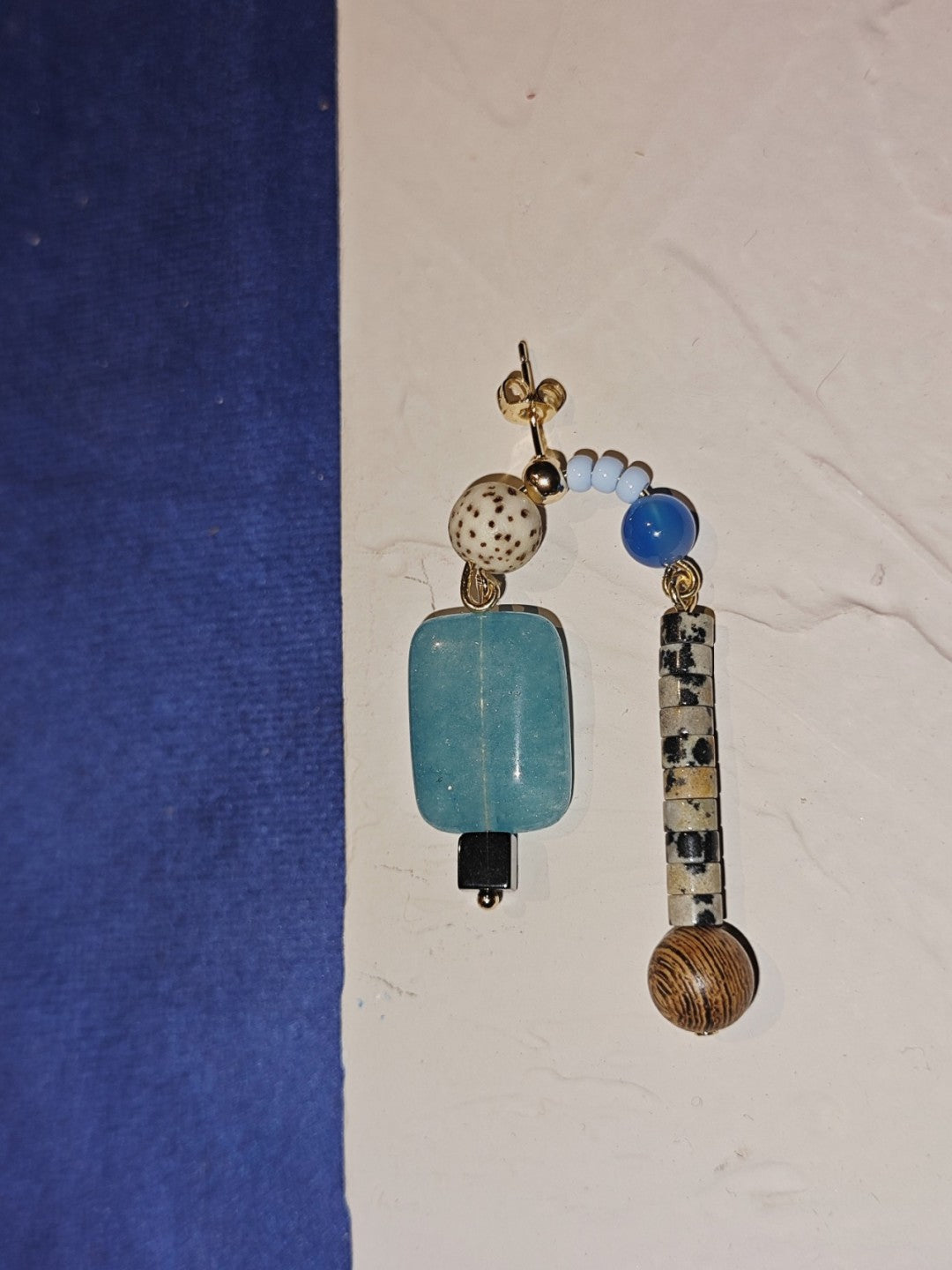 Chinoiserie Natural Sandalwood Asymmetric Blue Earrings,Lumivault.