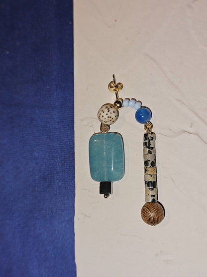 Chinoiserie Natural Sandalwood Asymmetric Blue Earrings