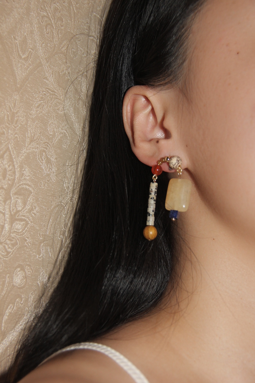 Chinoiserie Natural Sandalwood Asymmetric Blue Earrings,Lumivault.