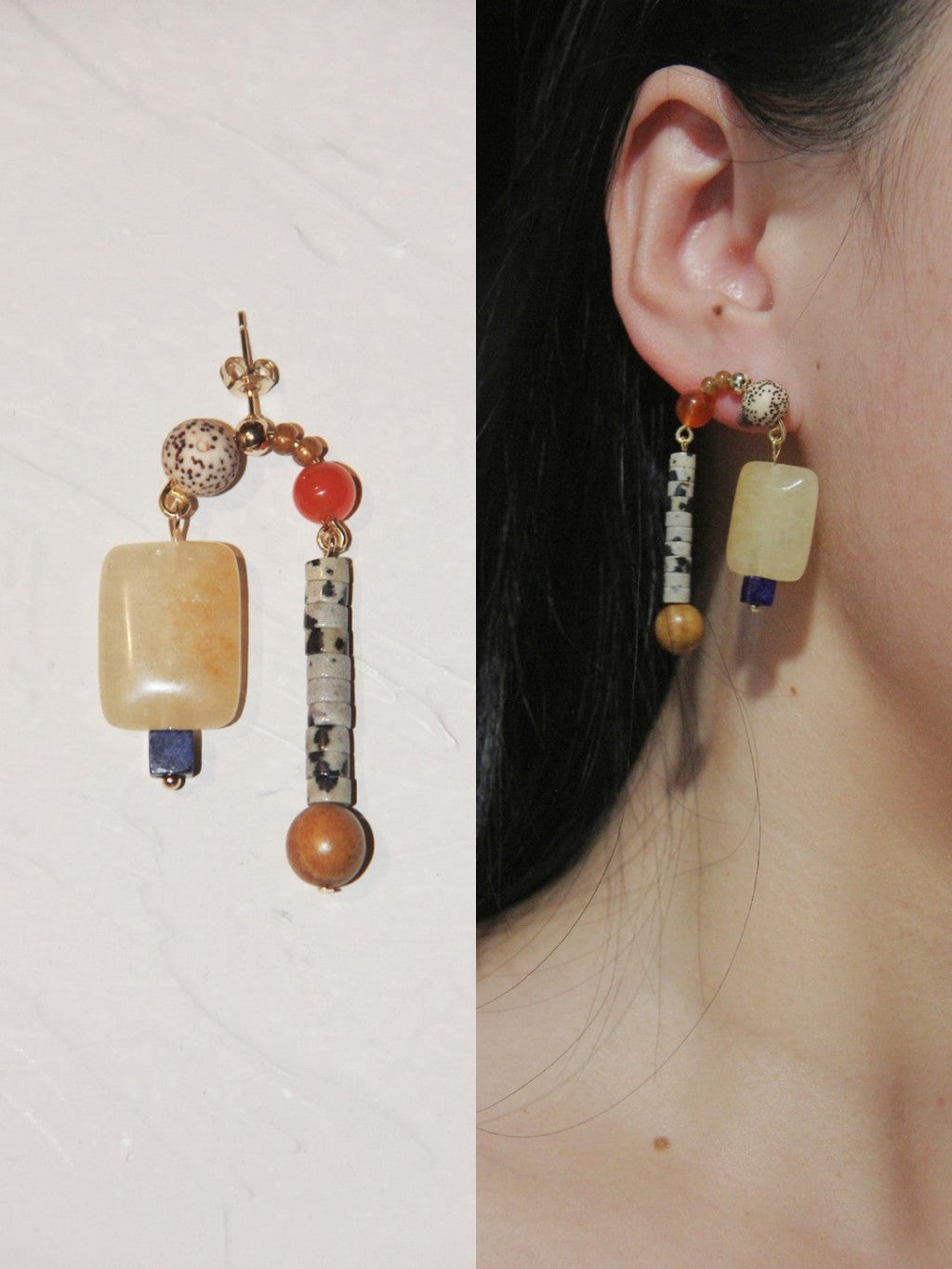 Chinoiserie Natural Sandalwood Asymmetric Blue Earrings,Lumivault.