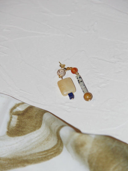 Chinoiserie Natural Sandalwood Asymmetric Blue Earrings