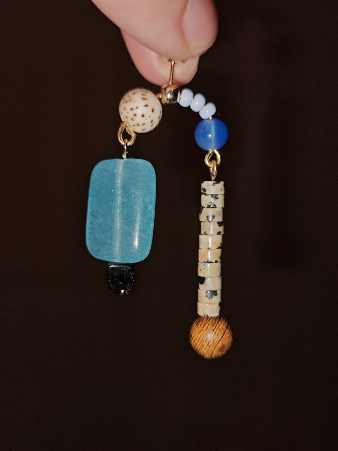 Chinoiserie Natural Sandalwood Asymmetric Blue Earrings,Lumivault.