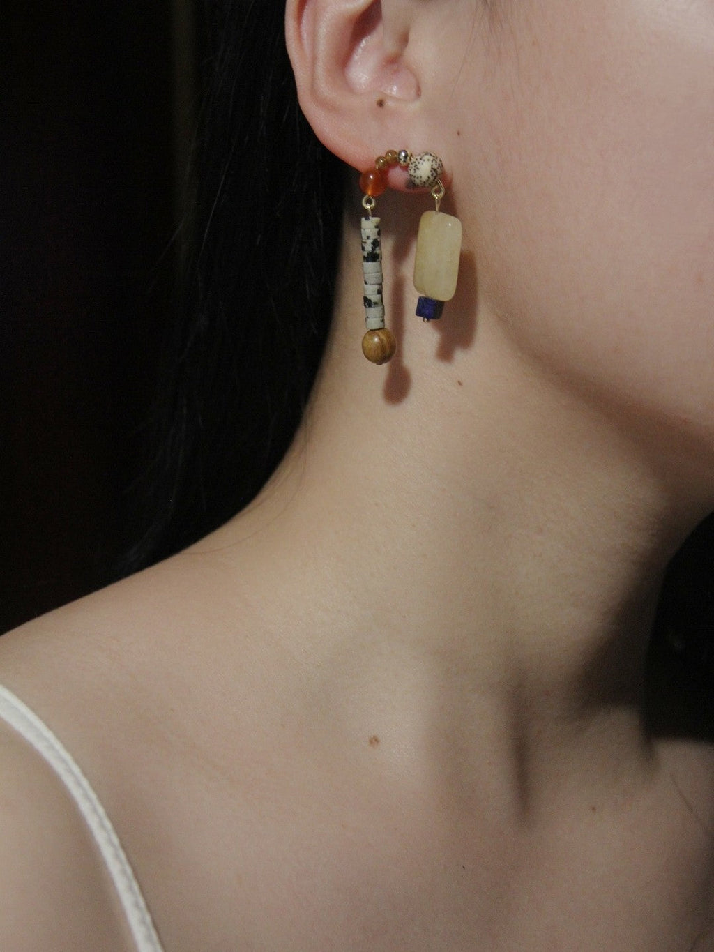 Chinoiserie Natural Sandalwood Asymmetric Blue Earrings,Lumivault.