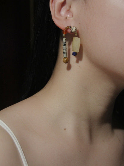 Chinoiserie Natural Sandalwood Asymmetric Blue Earrings