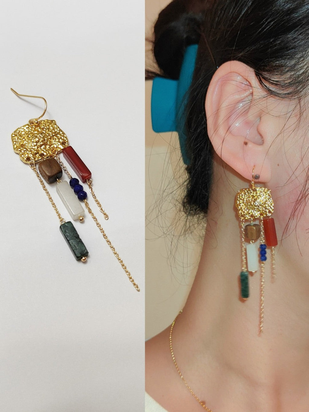 Chinoiserie Natural Sandalwood Asymmetric Silver Earrings,Studs / Gold 1.0,Lumivault.