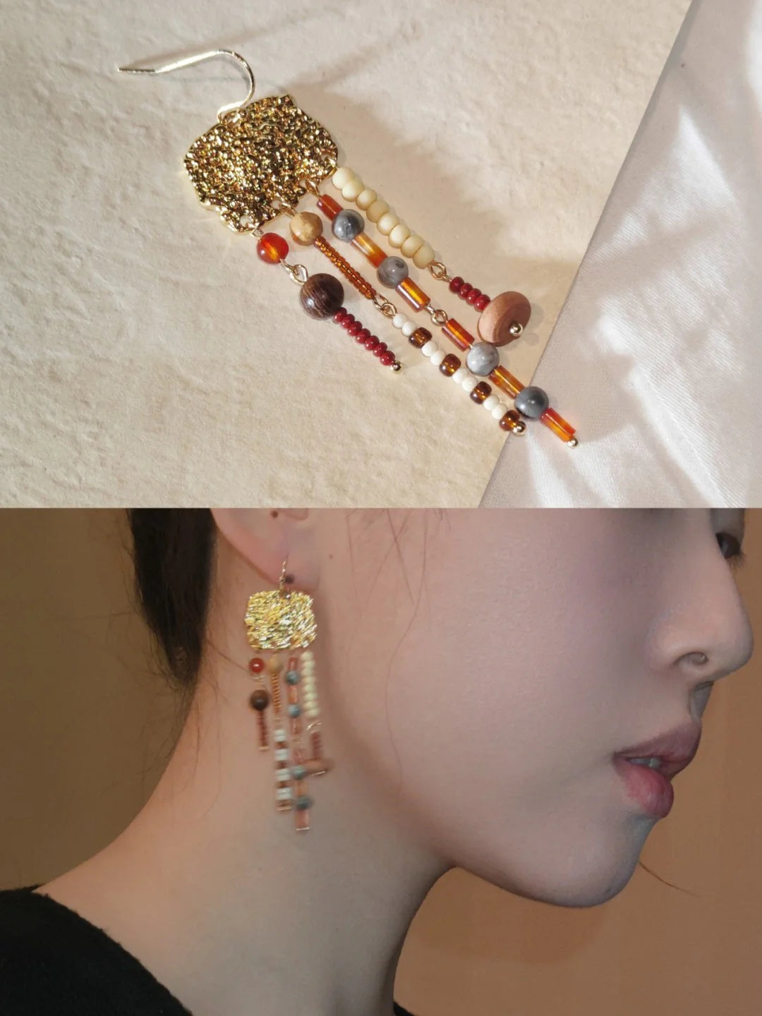 Chinoiserie Natural Sandalwood Asymmetric Silver Earrings