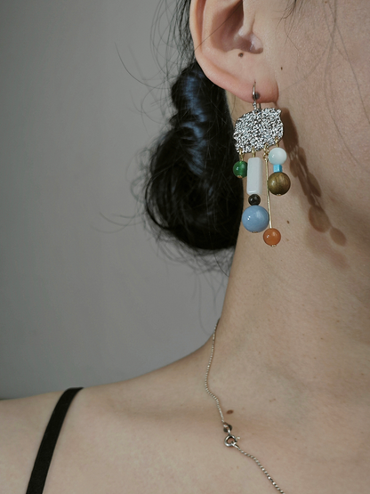 Chinoiserie Natural Sandalwood Asymmetric Silver Earrings