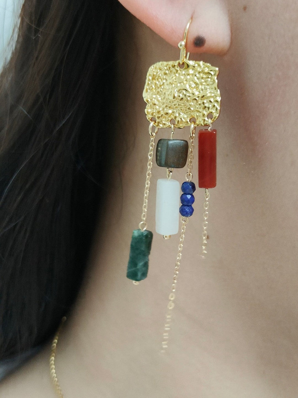Chinoiserie Natural Sandalwood Asymmetric Silver Earrings,Lumivault.