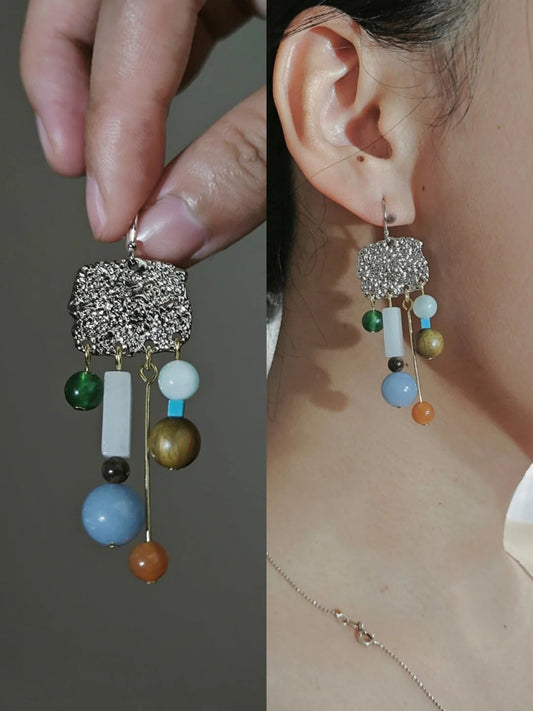 Chinoiserie Natural Sandalwood Asymmetric Silver Earrings