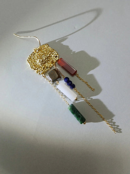 Chinoiserie Natural Sandalwood Asymmetric Silver Earrings
