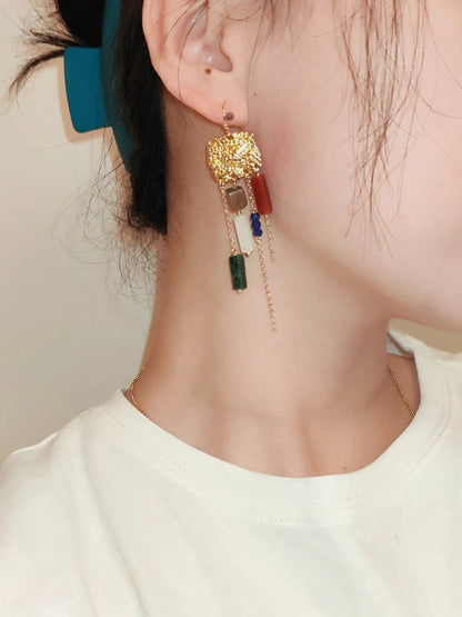 Chinoiserie Natural Sandalwood Asymmetric Silver Earrings