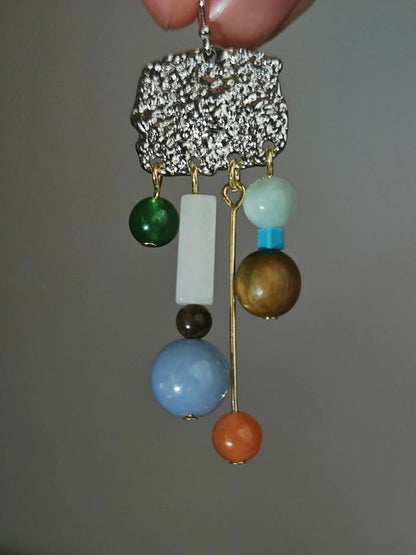 Chinoiserie Natural Sandalwood Asymmetric Silver Earrings