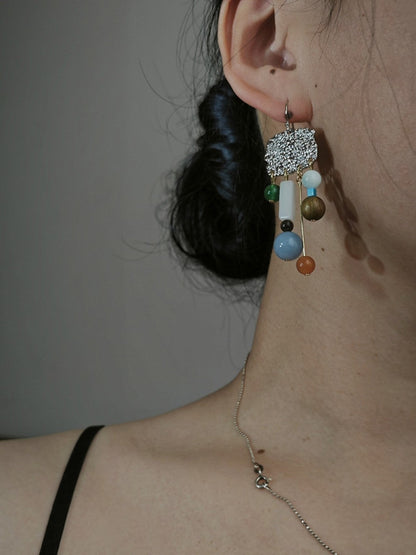 Chinoiserie Natural Sandalwood Asymmetric Silver Earrings