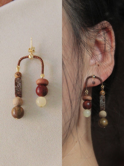 Chinoiserie Natural Sandalwood Asymmetrical Dangle Earrings