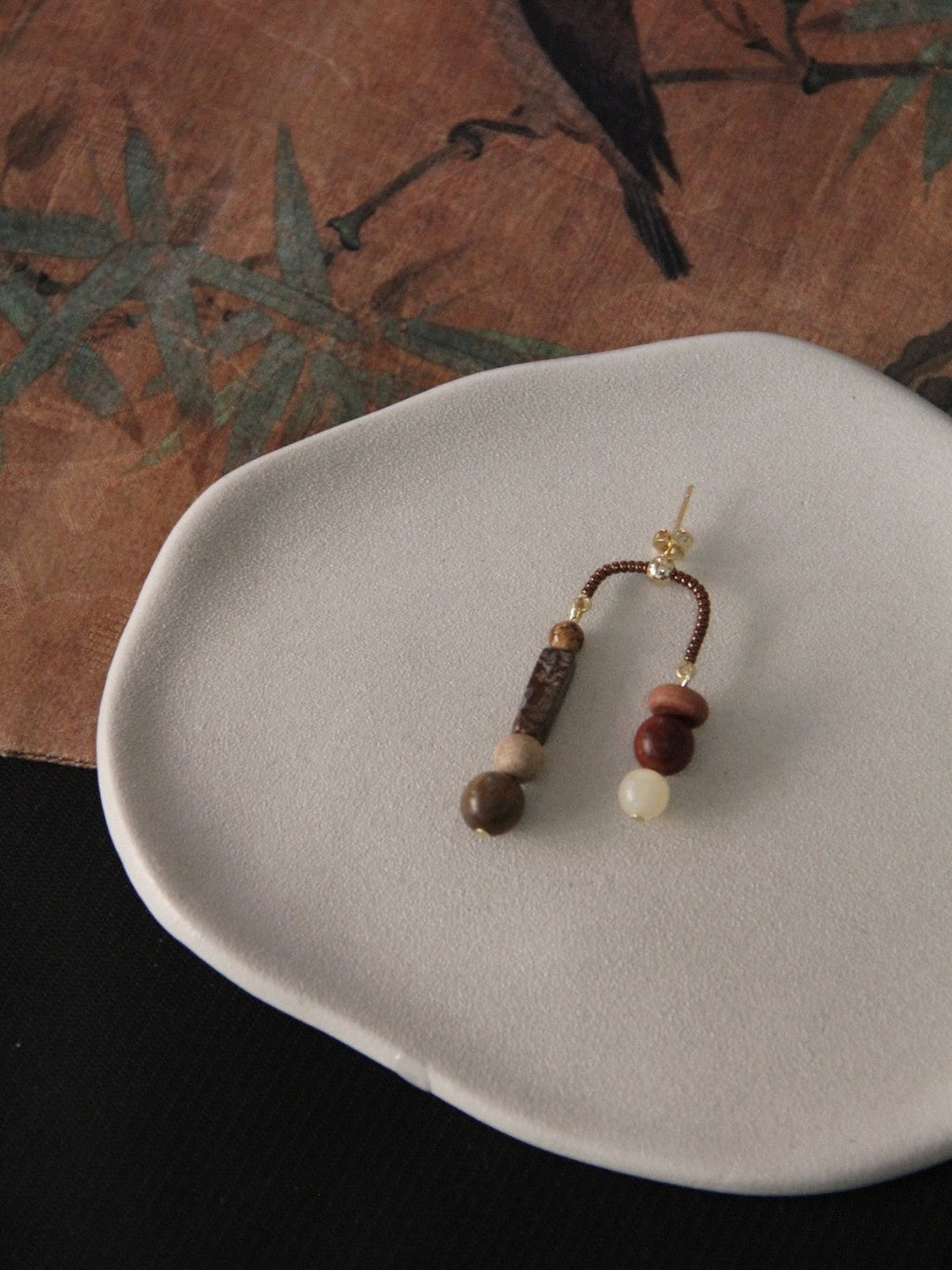 Chinoiserie Natural Sandalwood Asymmetrical Dangle Earrings,Lumivault.