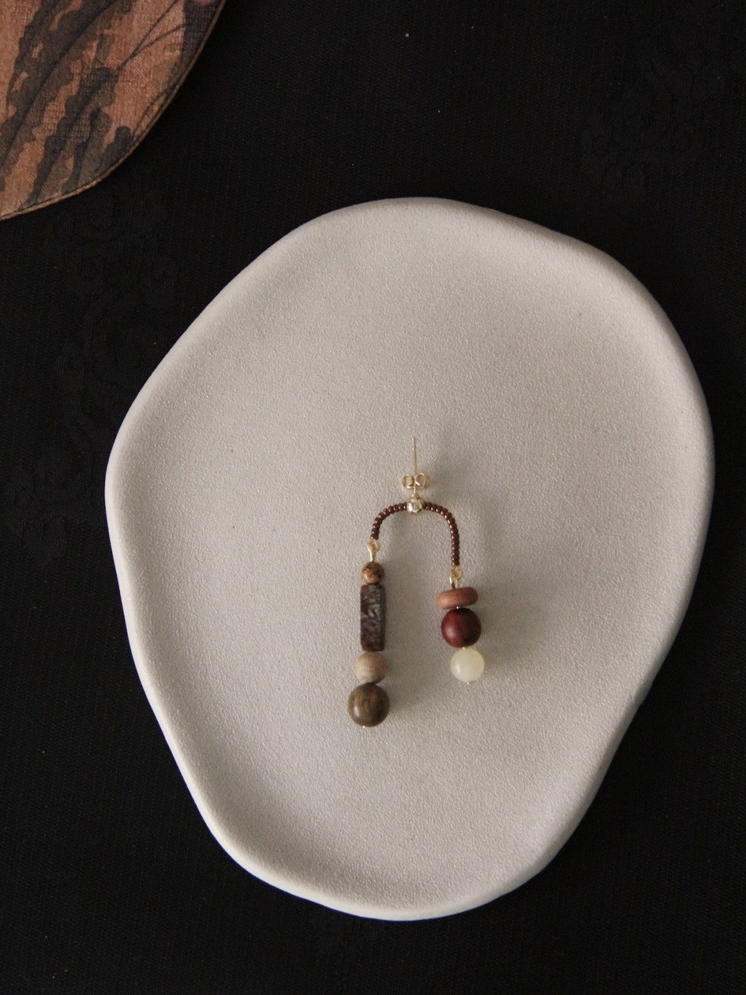 Chinoiserie Natural Sandalwood Asymmetrical Dangle Earrings