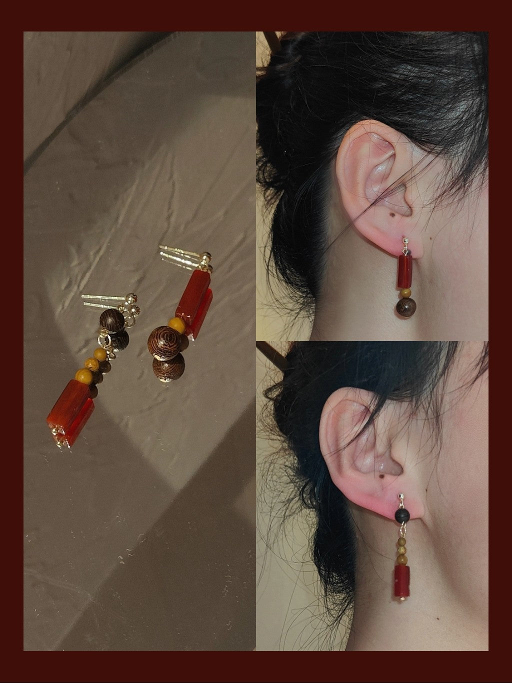 Chinoiserie Natural Sandalwood Dangle Earrings,Lumivault.