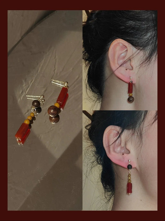 Chinoiserie Natural Sandalwood Dangle Earrings