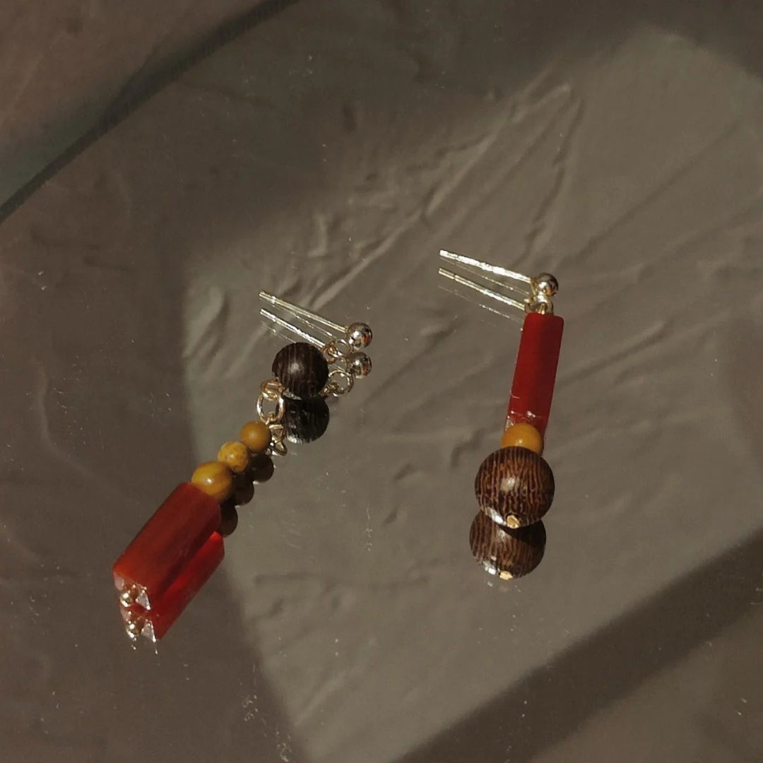 Chinoiserie Natural Sandalwood Dangle Earrings