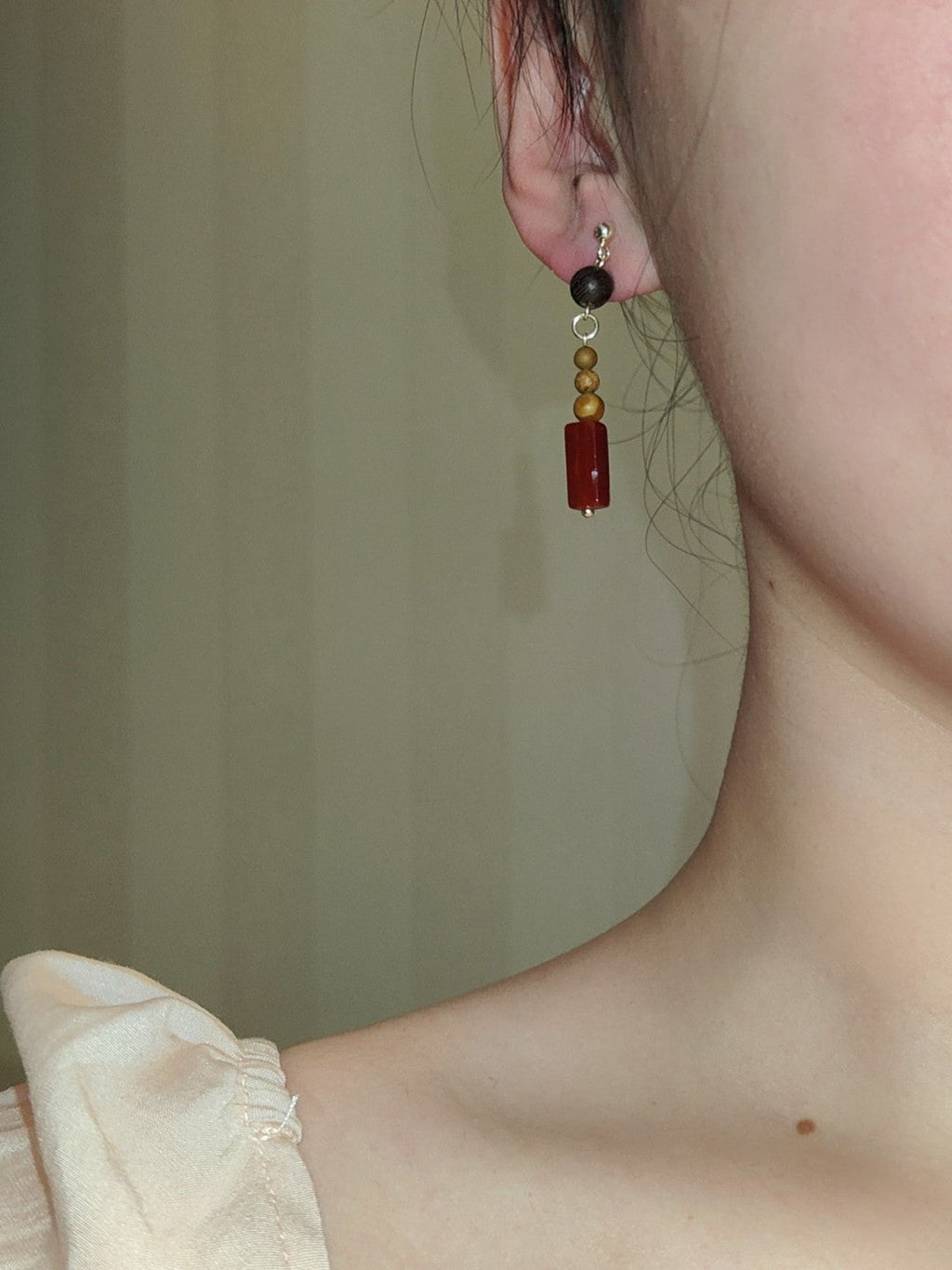 Chinoiserie Natural Sandalwood Dangle Earrings,Lumivault.