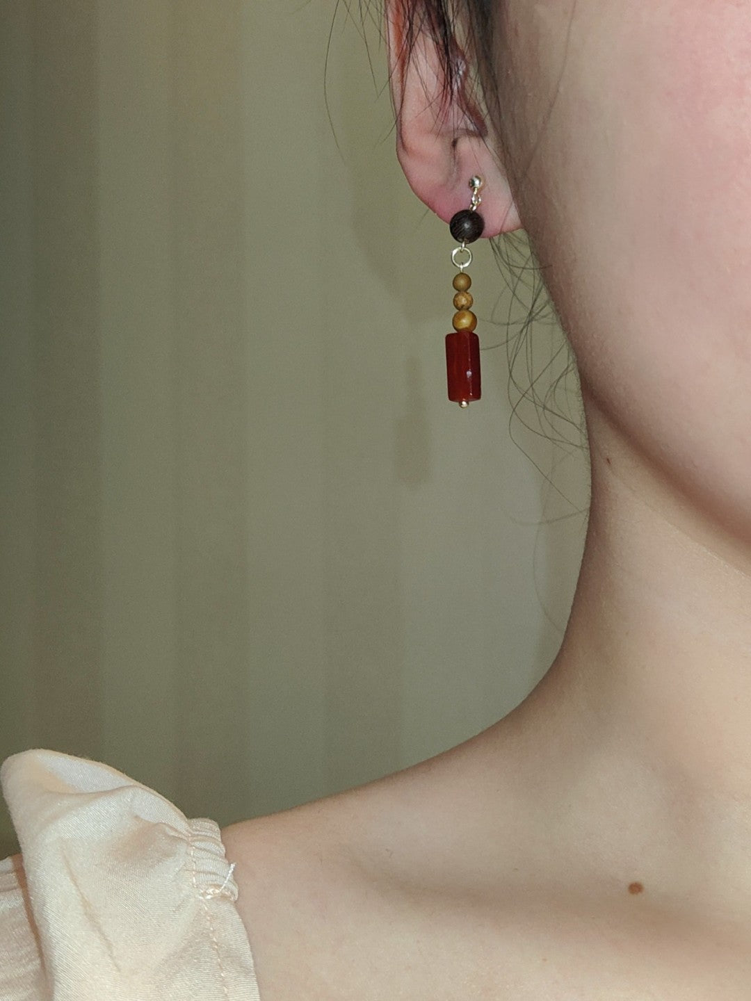 Chinoiserie Natural Sandalwood Dangle Earrings,Lumivault.