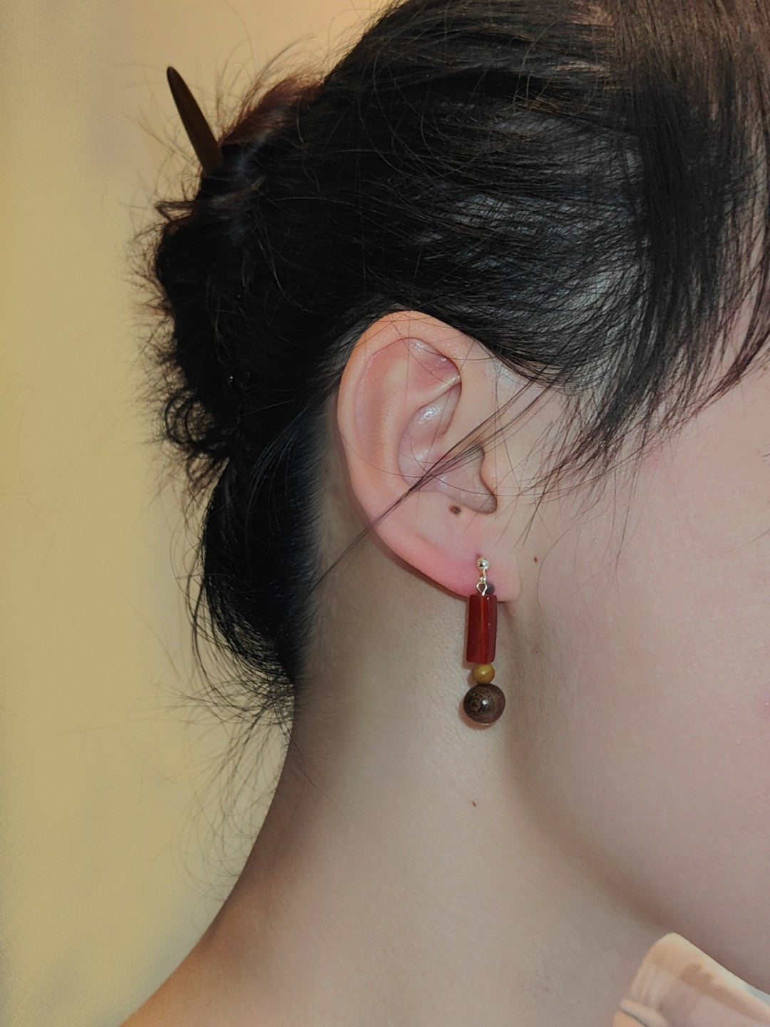 Chinoiserie Natural Sandalwood Dangle Earrings,Lumivault.