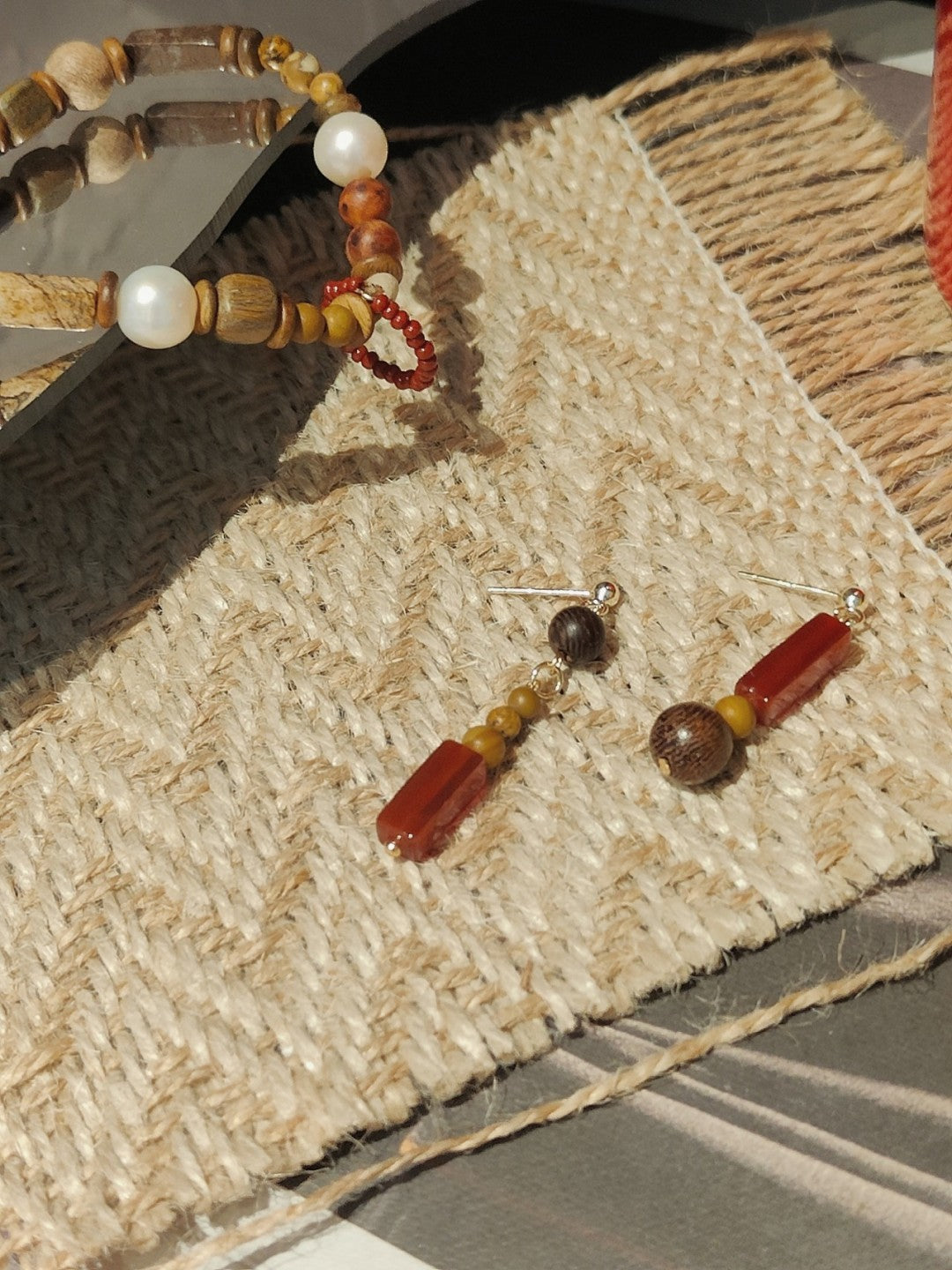 Chinoiserie Natural Sandalwood Dangle Earrings,Lumivault.