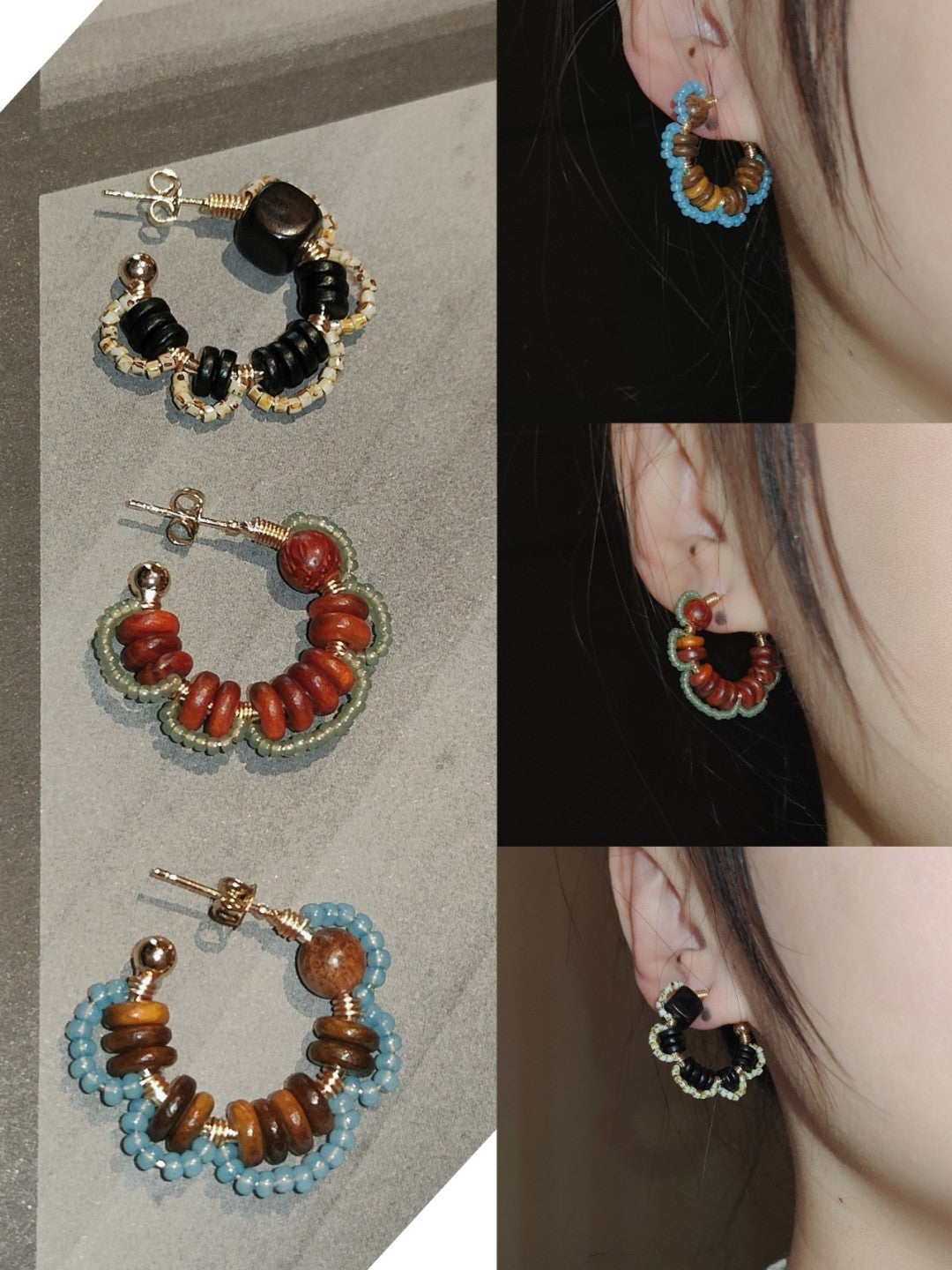 Chinoiserie Natural Sandalwood Flower Hoop Earrings,Lumivault.