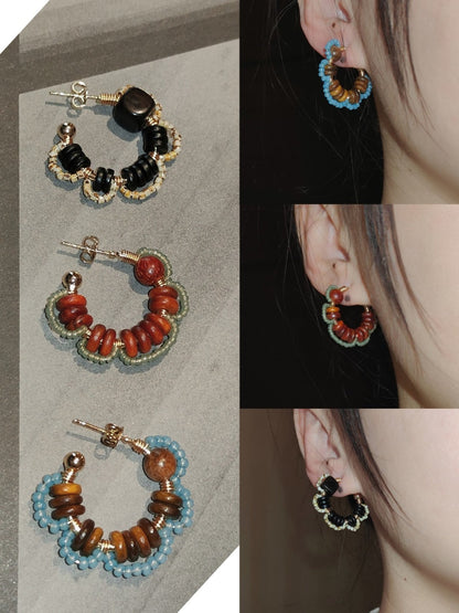 Chinoiserie Natural Sandalwood Flower Hoop Earrings