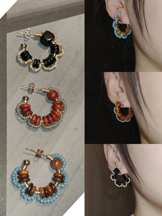 Chinoiserie Natural Sandalwood Flower Hoop Earrings