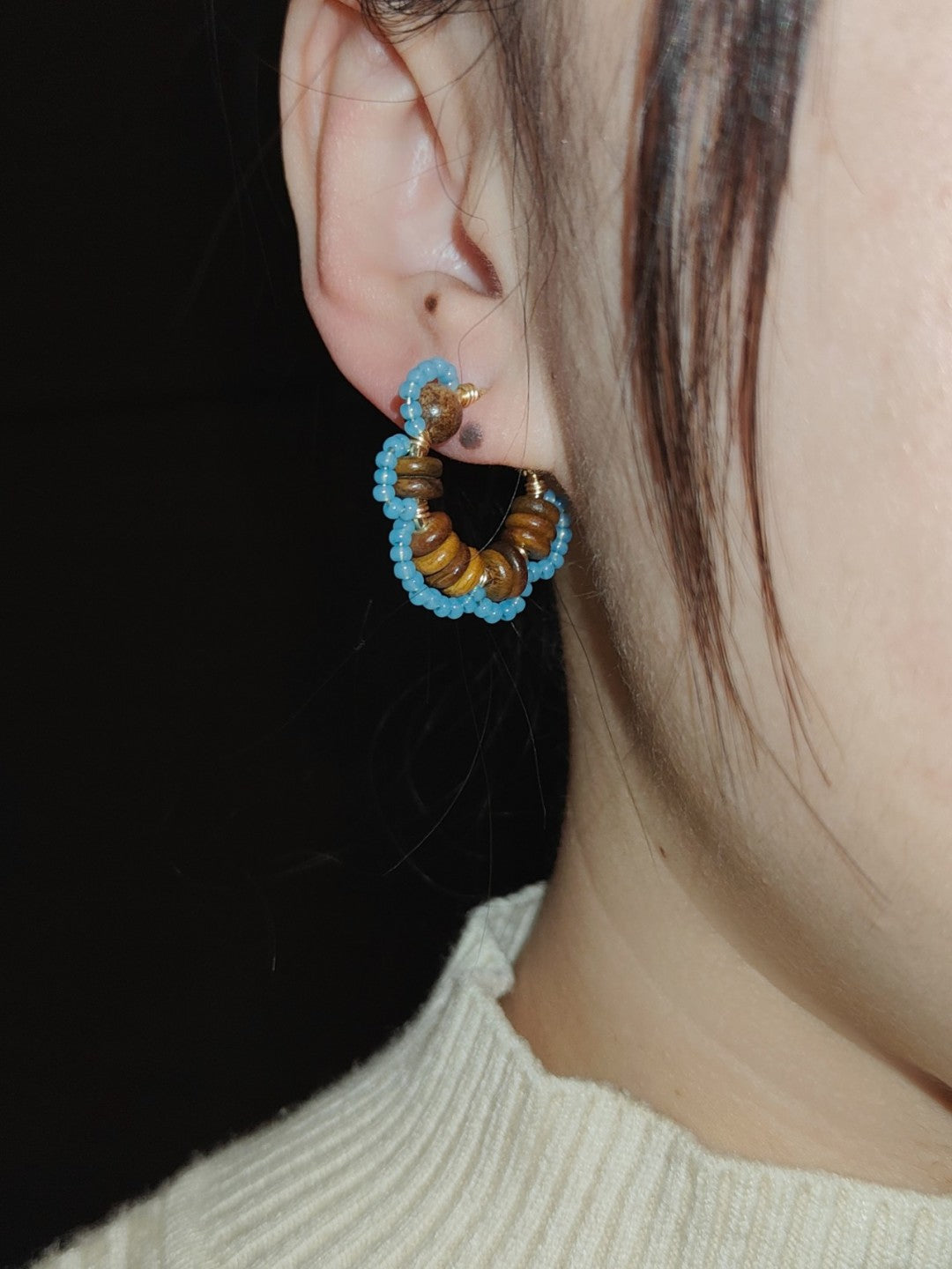 Chinoiserie Natural Sandalwood Flower Hoop Earrings,Brown,Lumivault.