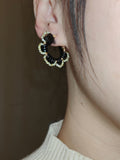 Chinoiserie Natural Sandalwood Flower Hoop Earrings,Black,Lumivault.