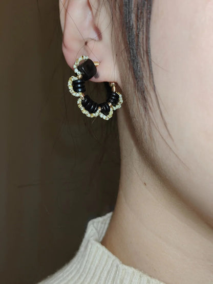 Chinoiserie Natural Sandalwood Flower Hoop Earrings - Lumivault