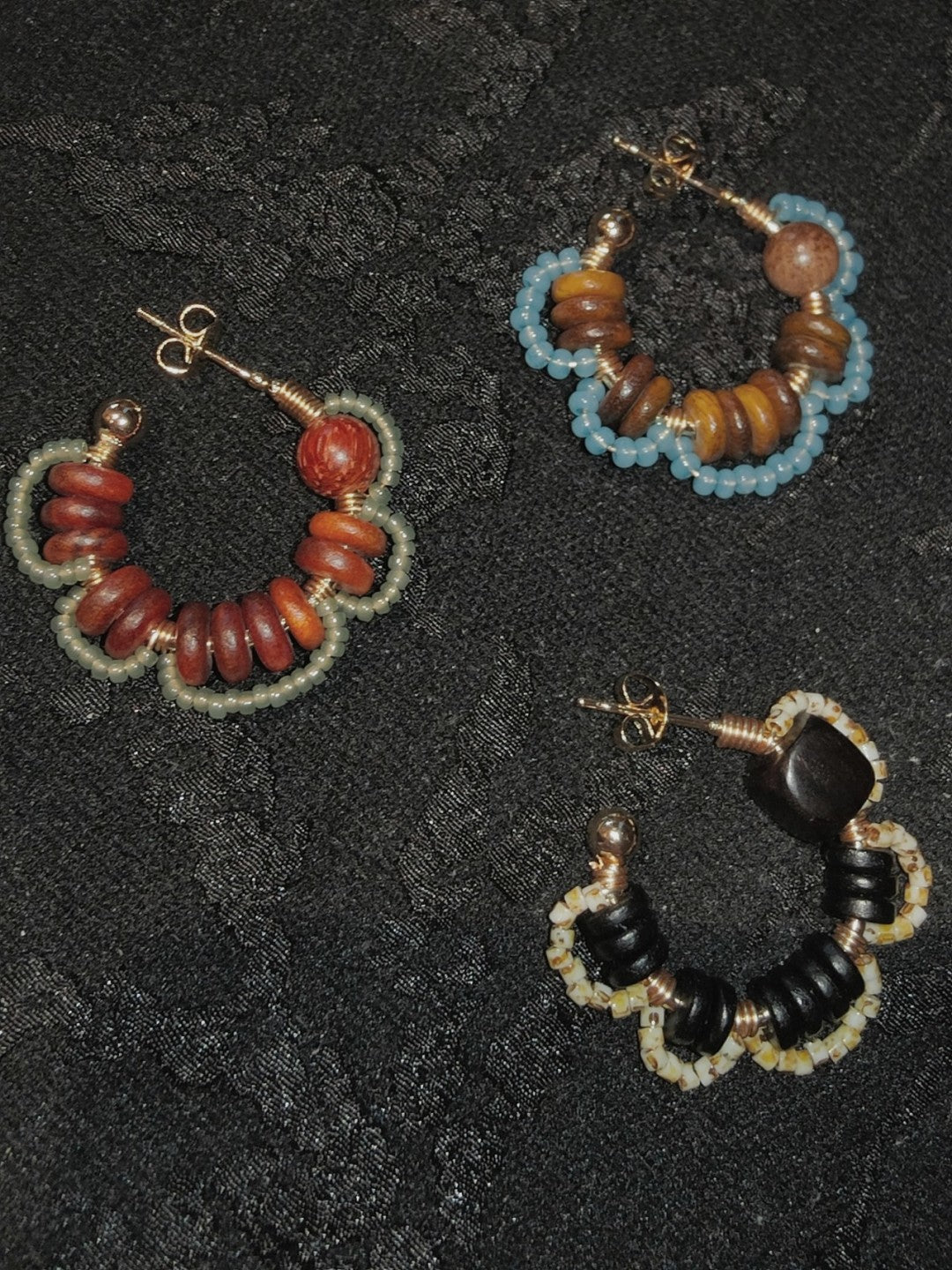 Chinoiserie Natural Sandalwood Flower Hoop Earrings,Lumivault.