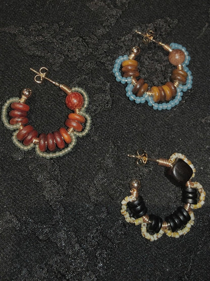 Chinoiserie Natural Sandalwood Flower Hoop Earrings