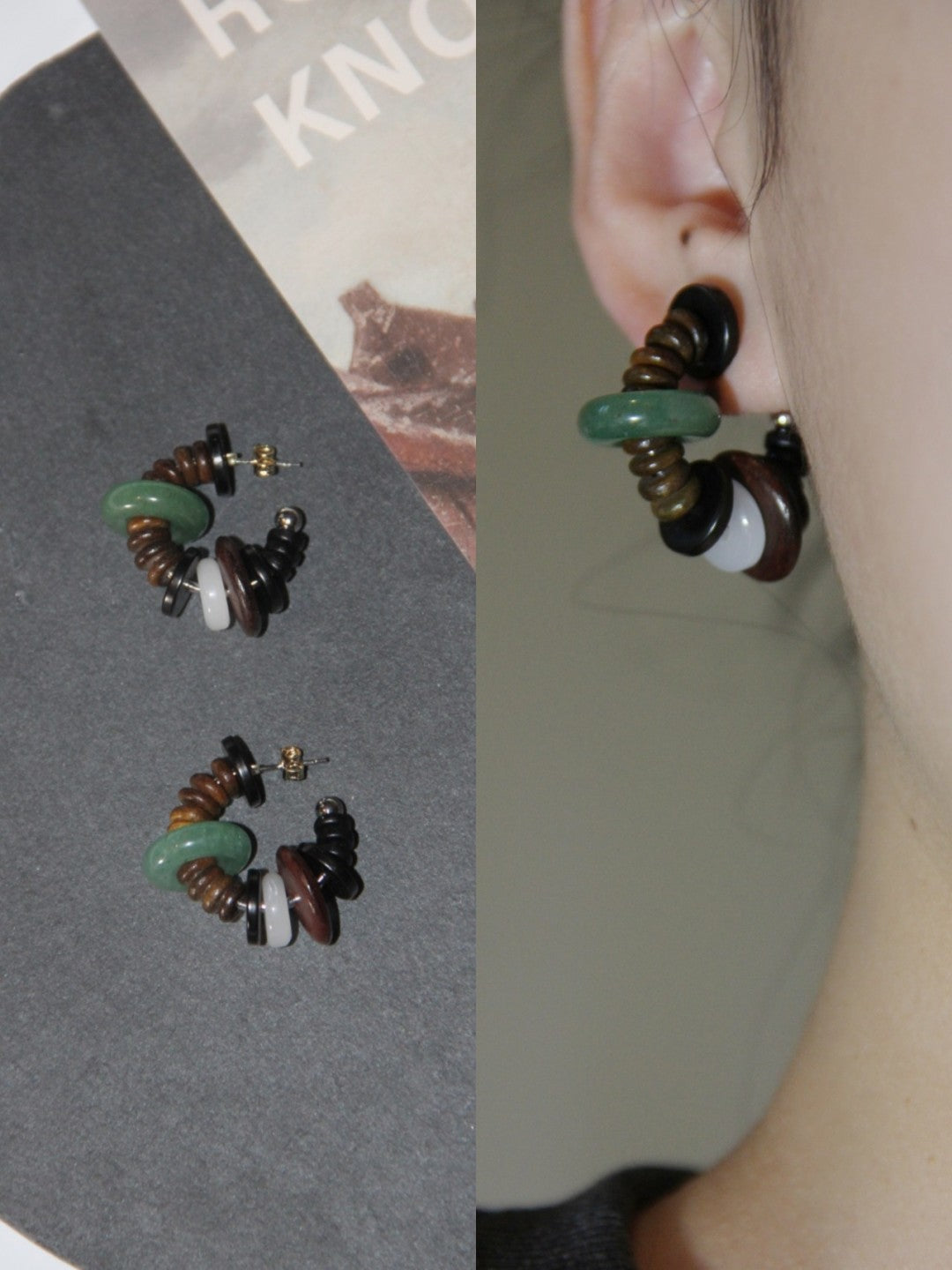Chinoiserie Natural Sandalwood Hoop Earrings,Lumivault.