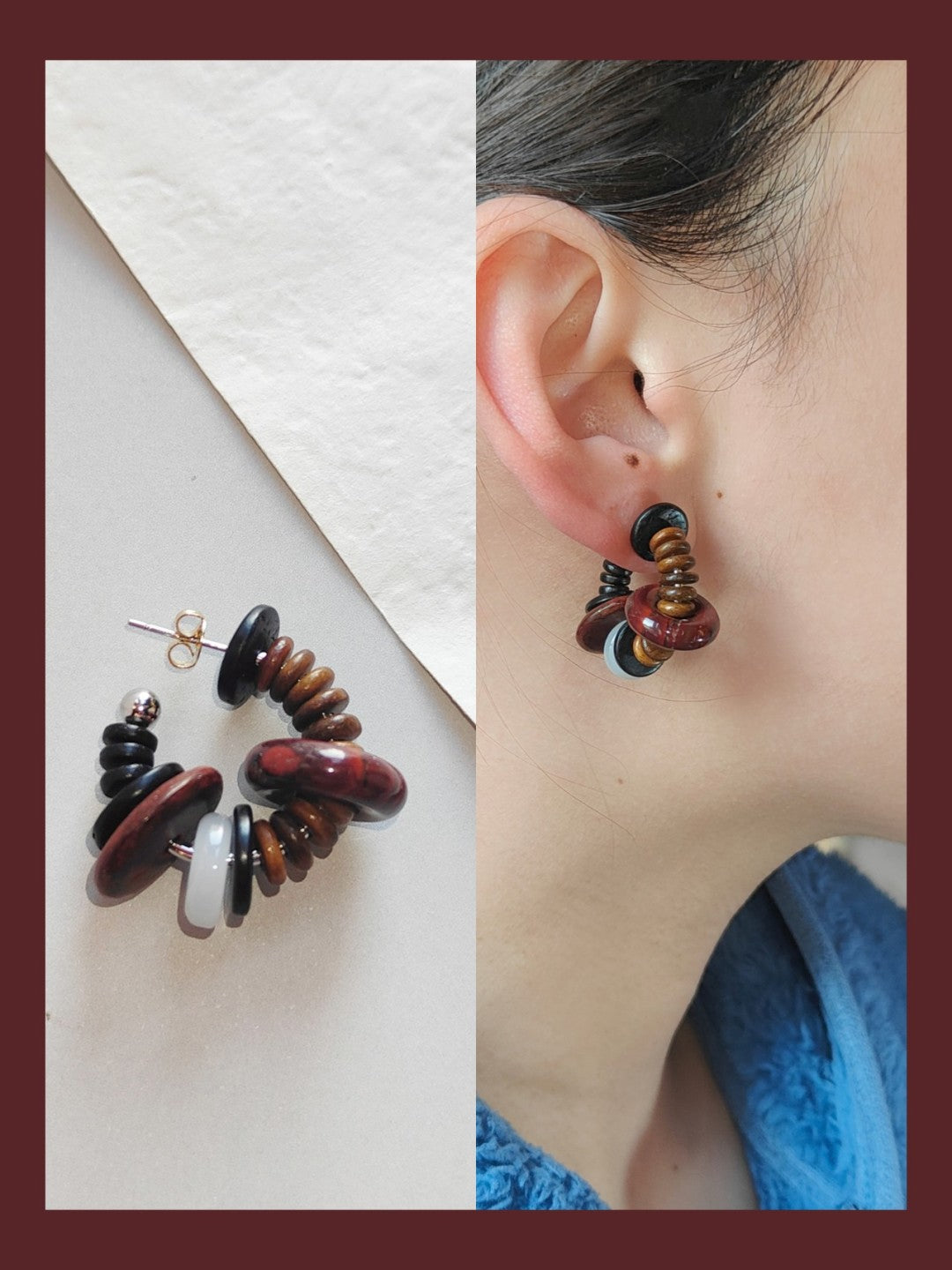 Chinoiserie Natural Sandalwood Hoop Earrings,Red / Studs,Lumivault.