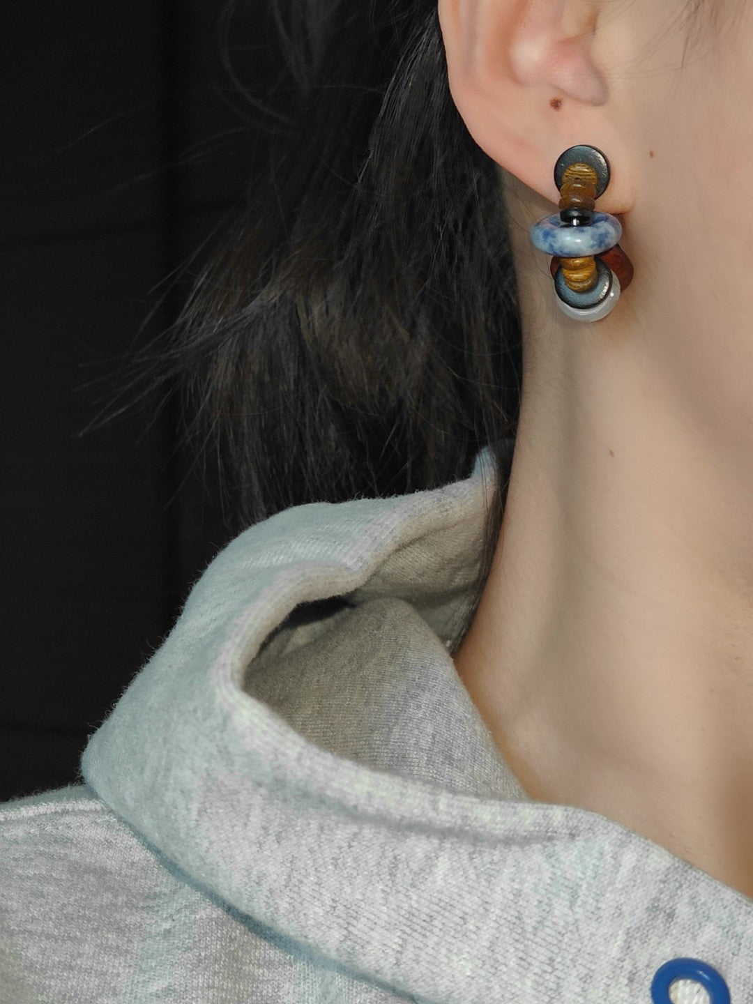 Chinoiserie Natural Sandalwood Hoop Earrings,Blue / Studs,Lumivault.
