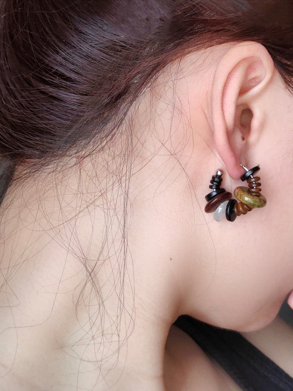 Chinoiserie Natural Sandalwood Hoop Earrings,Lumivault.