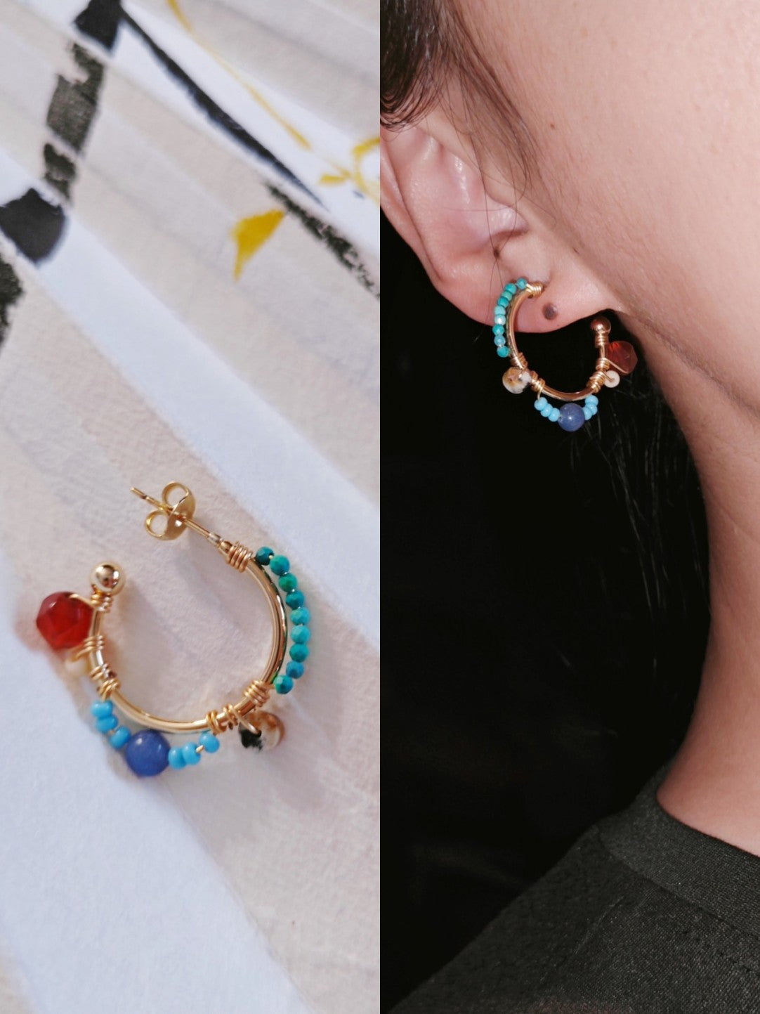 Chinoiserie Natural Stones Beaded Hoop Earrings