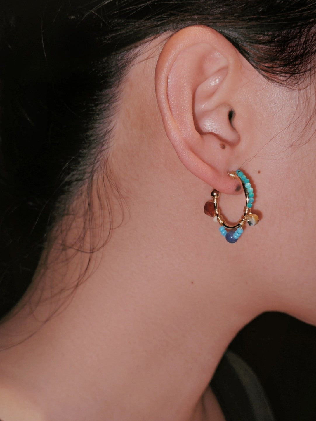 Chinoiserie Natural Stones Beaded Hoop Earrings