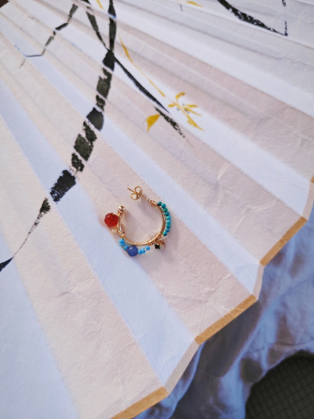 Chinoiserie Natural Stones Beaded Hoop Earrings