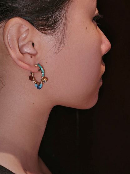 Chinoiserie Natural Stones Beaded Hoop Earrings