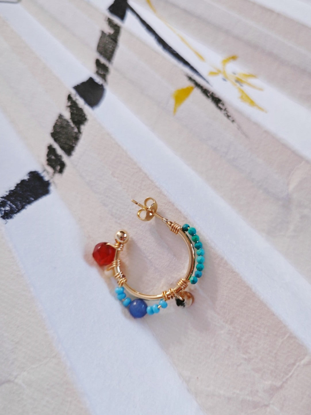 Chinoiserie Natural Stones Beaded Hoop Earrings,Lumivault.