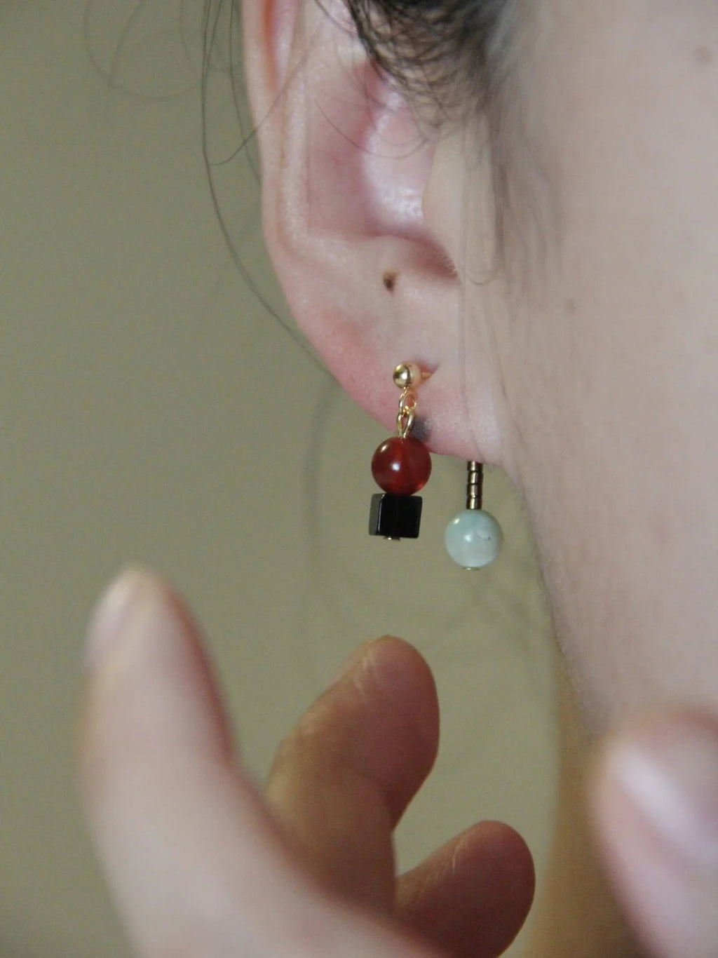 Chinoiserie Onyx Beaded Asymmetry Drop Earrings,Lumivault.