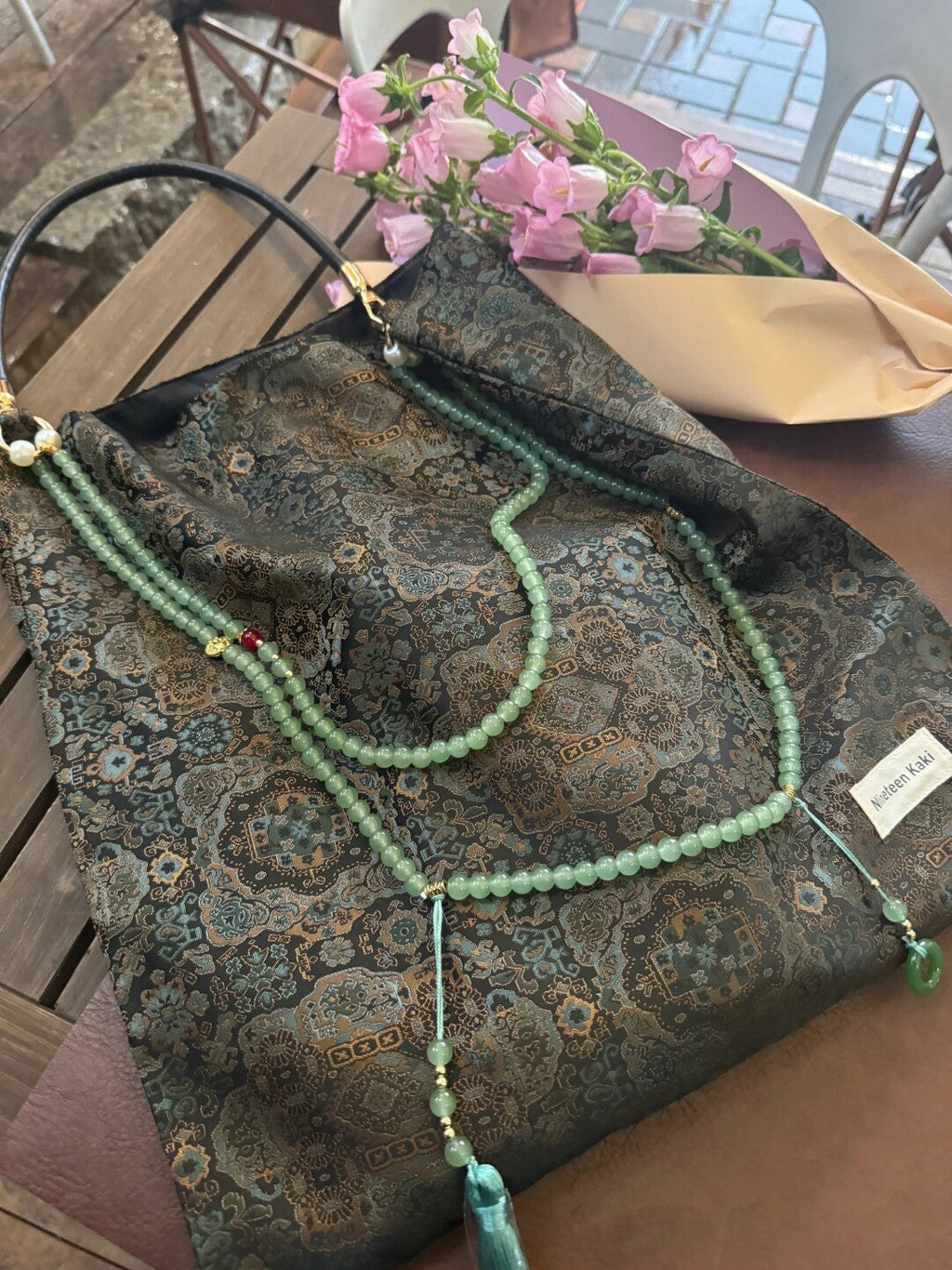 Chinoiserie Oriental Style Pattern Beaded Tassel Silk Bag - Lumivault