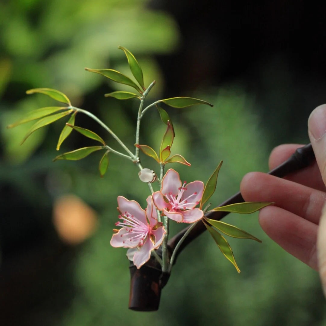 「Chinoiserie」Peaches Blossom Bamboo Leaf Hairpin,Lumivault.