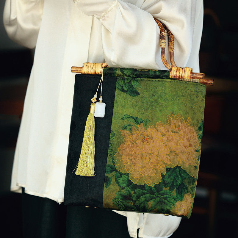 Chinoiserie Peony Bamboo Handle Handbag - Lumivault